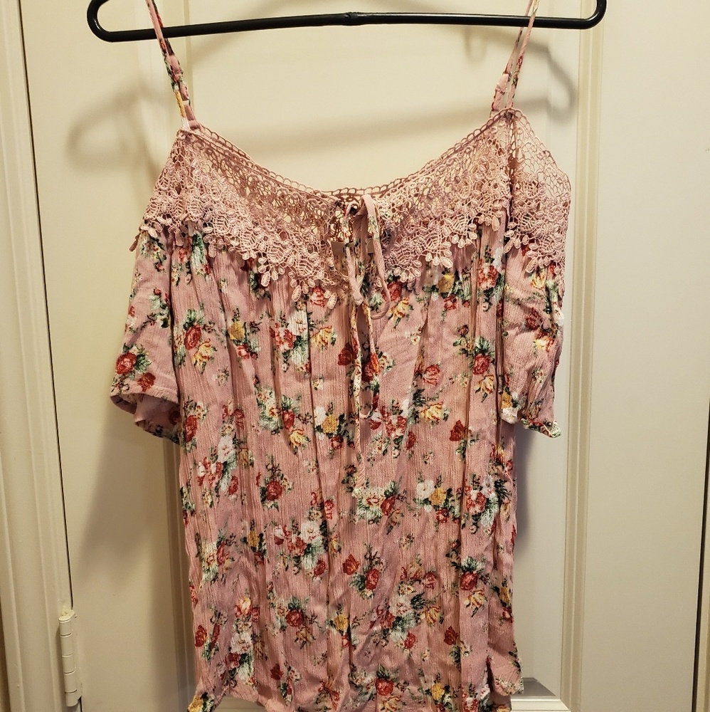 Pink Floral Cold Shoulder Top